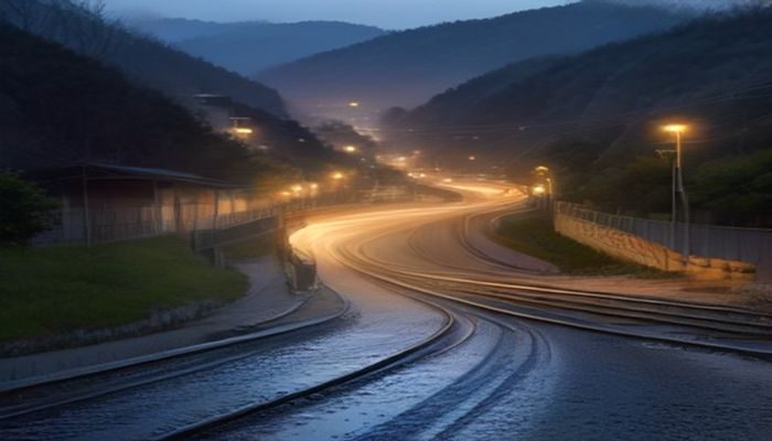 昏黄灯光下的街道，一个行人独自走在雨后的石板路上，画面忧郁而有质感，来自一部亚洲剧情类片子